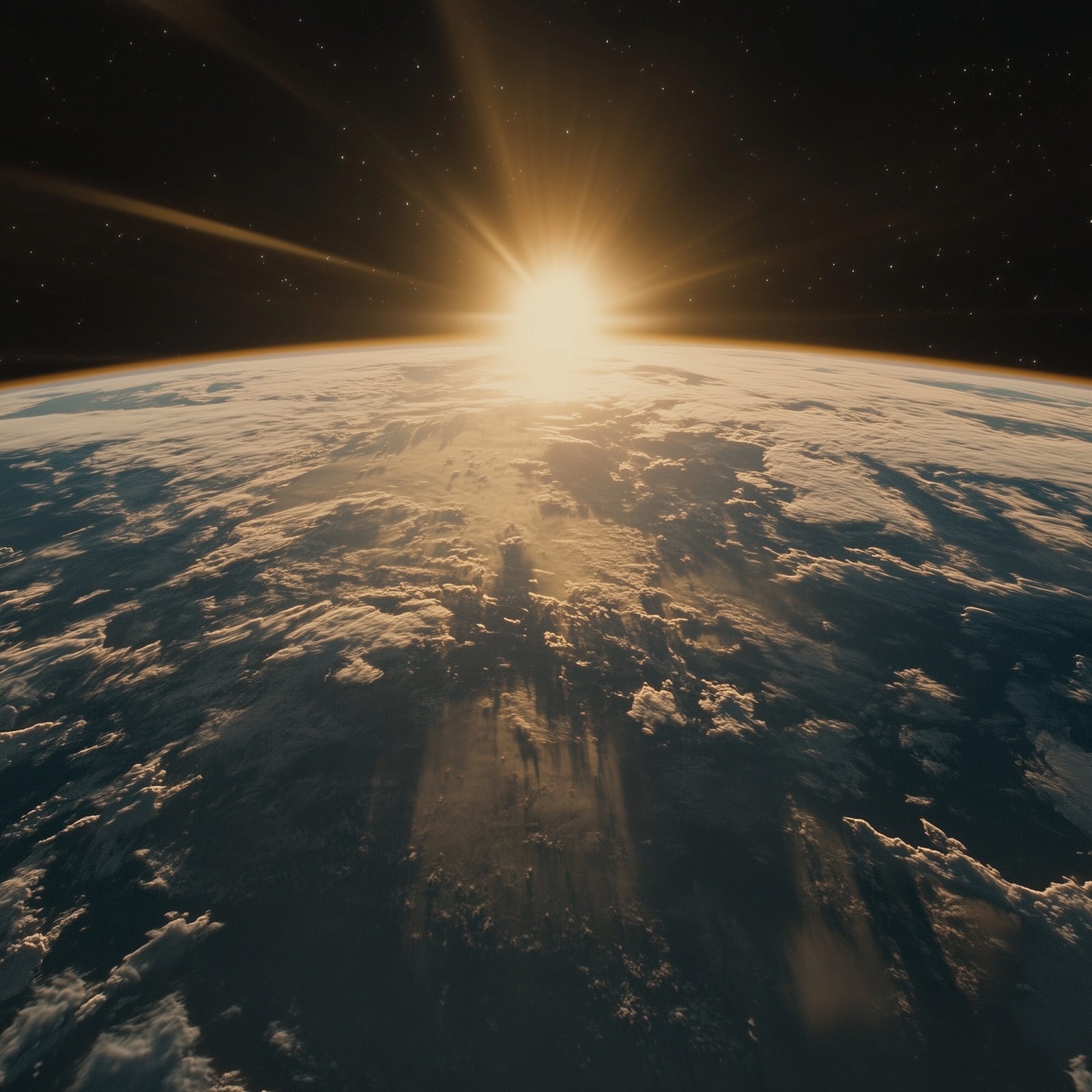 Looking down at the Earth from space at the first light of dawn, symbolizing the moment of choice for a new, collaborative future.